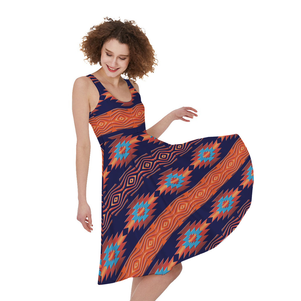 Blue And Orange Southwestern Print Women's Sleeveless Dress