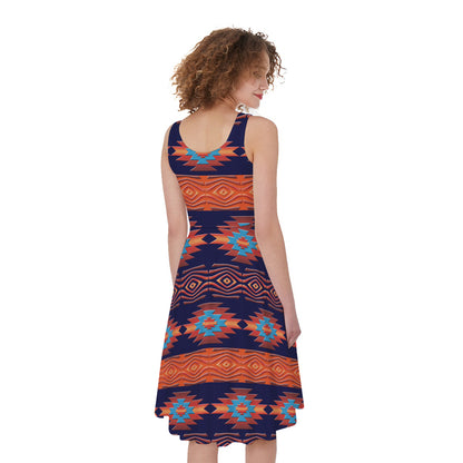Blue And Orange Southwestern Print Women's Sleeveless Dress