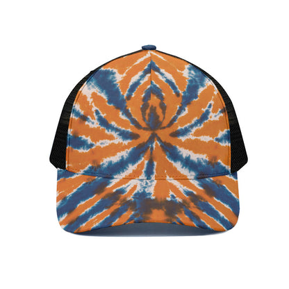 Blue And Orange Spider Tie Dye Print Black Mesh Trucker Cap