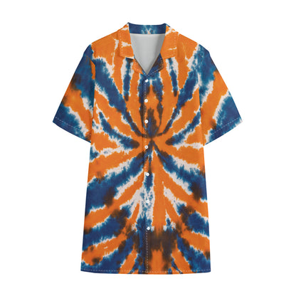 Blue And Orange Spider Tie Dye Print Cotton Hawaiian Shirt