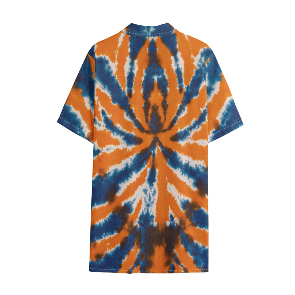 Blue And Orange Spider Tie Dye Print Cotton Hawaiian Shirt