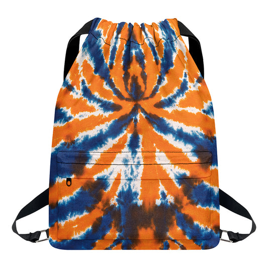Blue And Orange Spider Tie Dye Print Drawstring Backpack