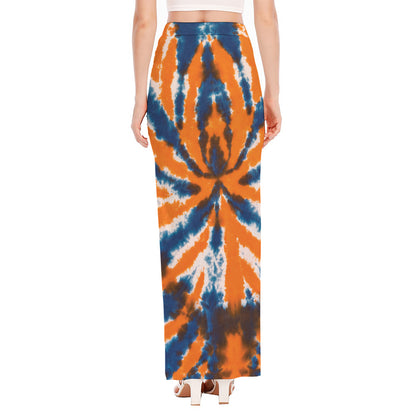 Blue And Orange Spider Tie Dye Print High Slit Maxi Skirt