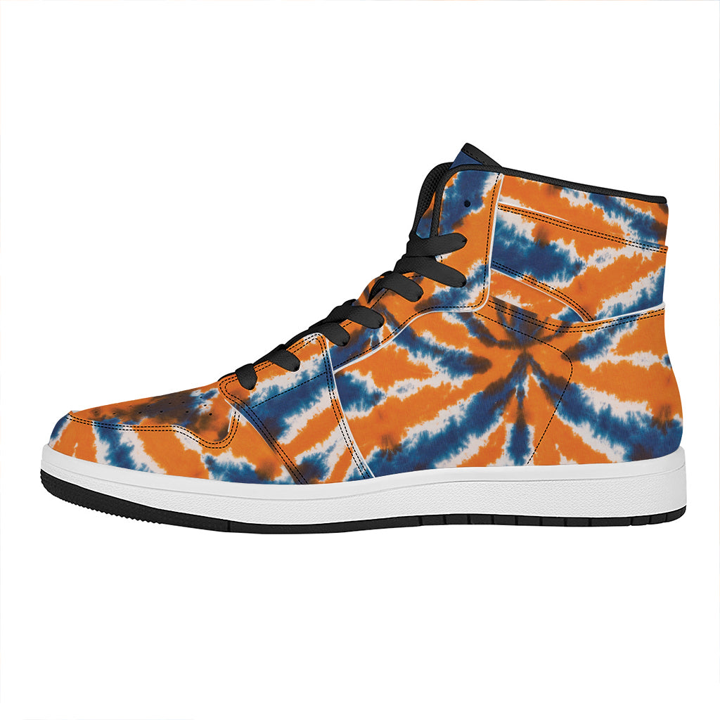 Blue And Orange Spider Tie Dye Print High Top Leather Sneakers