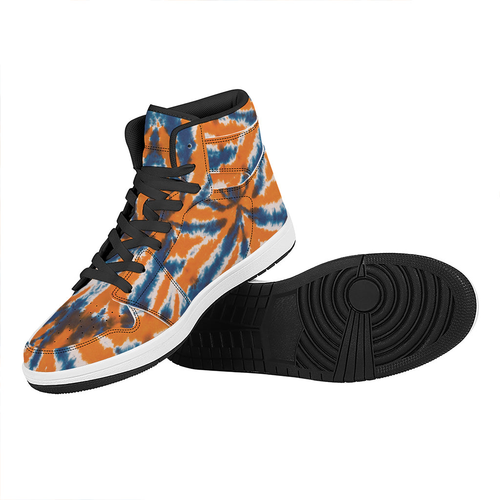 Blue And Orange Spider Tie Dye Print High Top Leather Sneakers