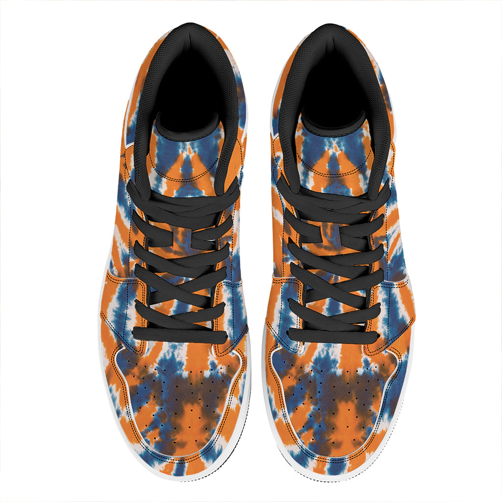 Blue And Orange Spider Tie Dye Print High Top Leather Sneakers