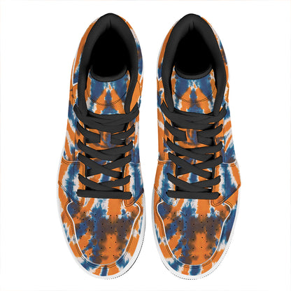 Blue And Orange Spider Tie Dye Print High Top Leather Sneakers