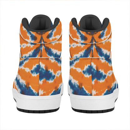 Blue And Orange Spider Tie Dye Print High Top Leather Sneakers