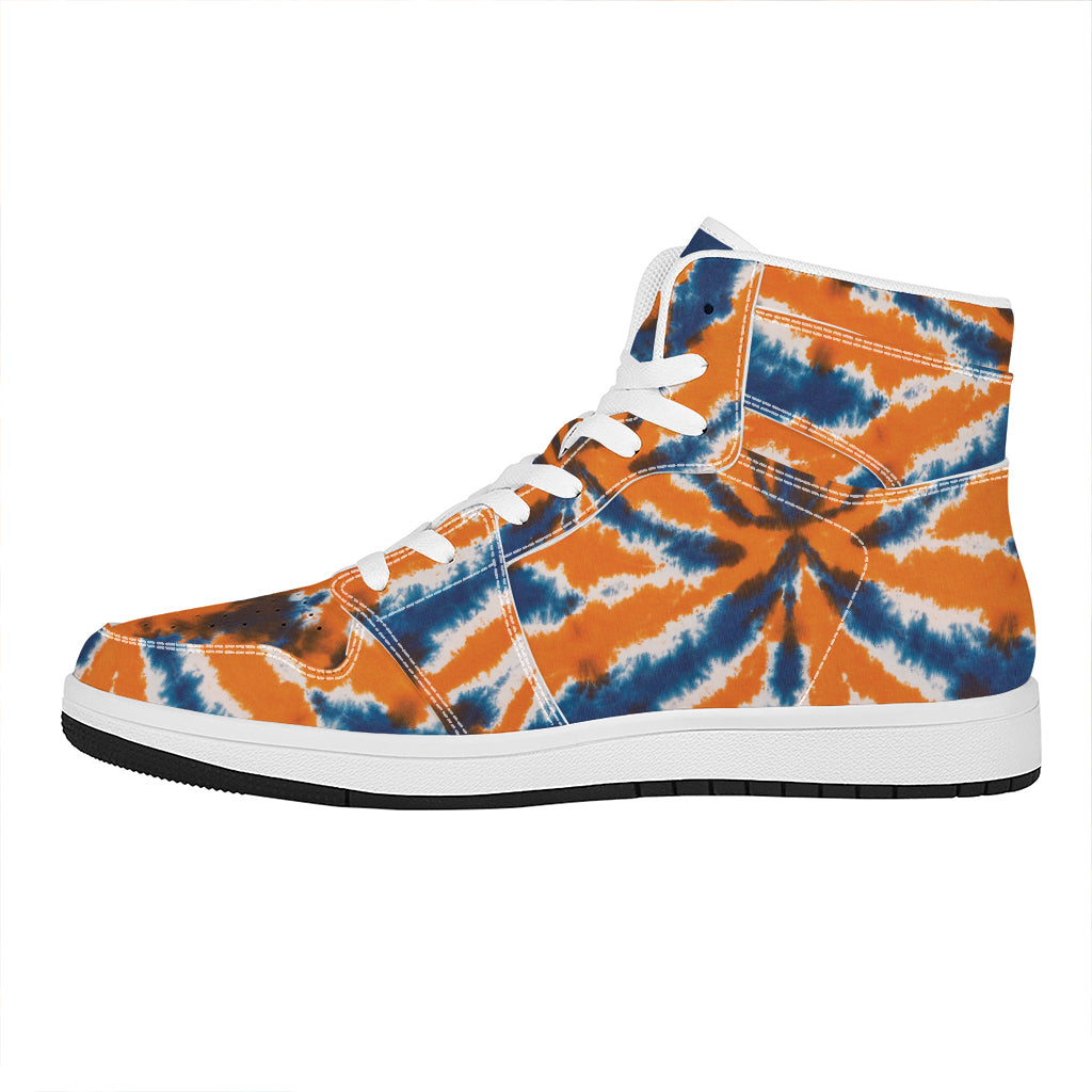 Blue And Orange Spider Tie Dye Print High Top Leather Sneakers