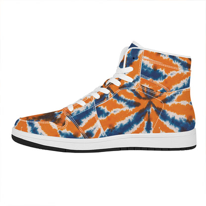 Blue And Orange Spider Tie Dye Print High Top Leather Sneakers