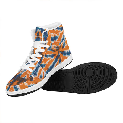 Blue And Orange Spider Tie Dye Print High Top Leather Sneakers