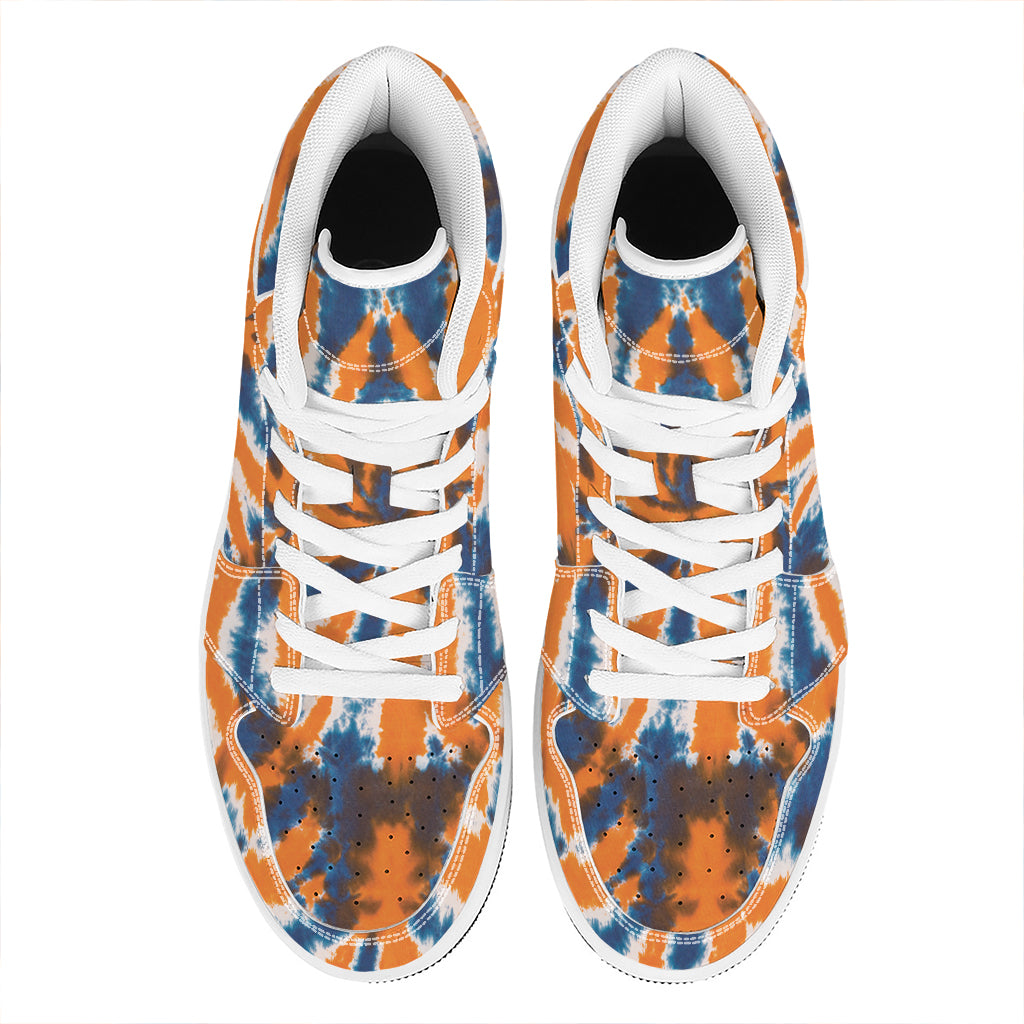 Blue And Orange Spider Tie Dye Print High Top Leather Sneakers