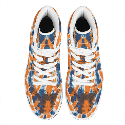 Blue And Orange Spider Tie Dye Print High Top Leather Sneakers