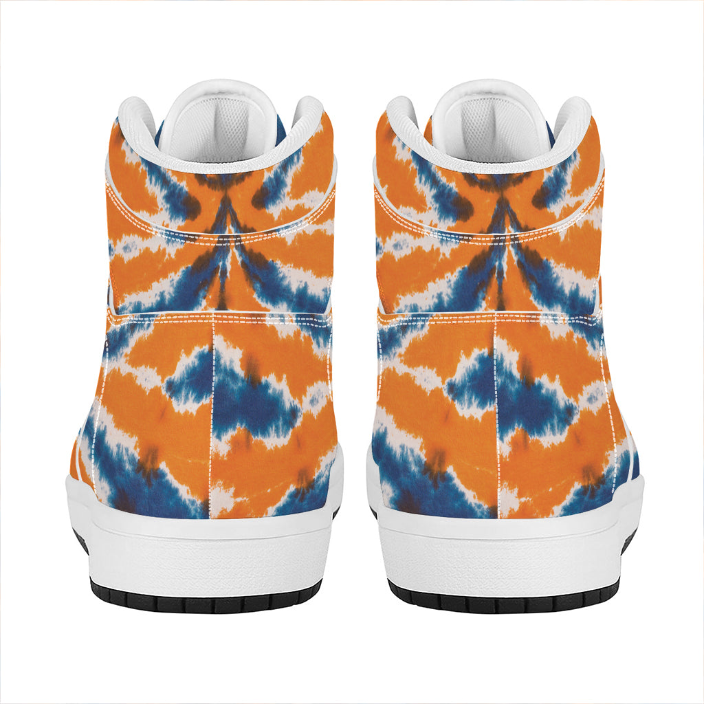 Blue And Orange Spider Tie Dye Print High Top Leather Sneakers