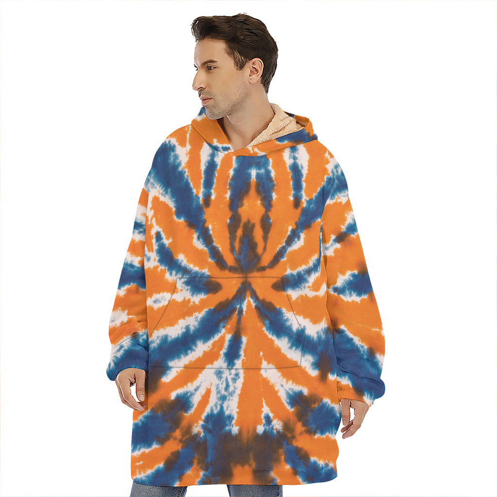 Blue And Orange Spider Tie Dye Print Hoodie Blanket