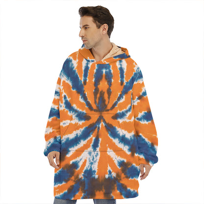 Blue And Orange Spider Tie Dye Print Hoodie Blanket