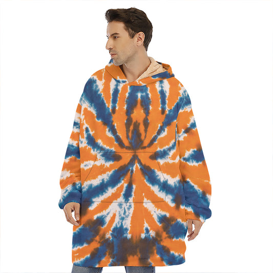 Blue And Orange Spider Tie Dye Print Hoodie Blanket