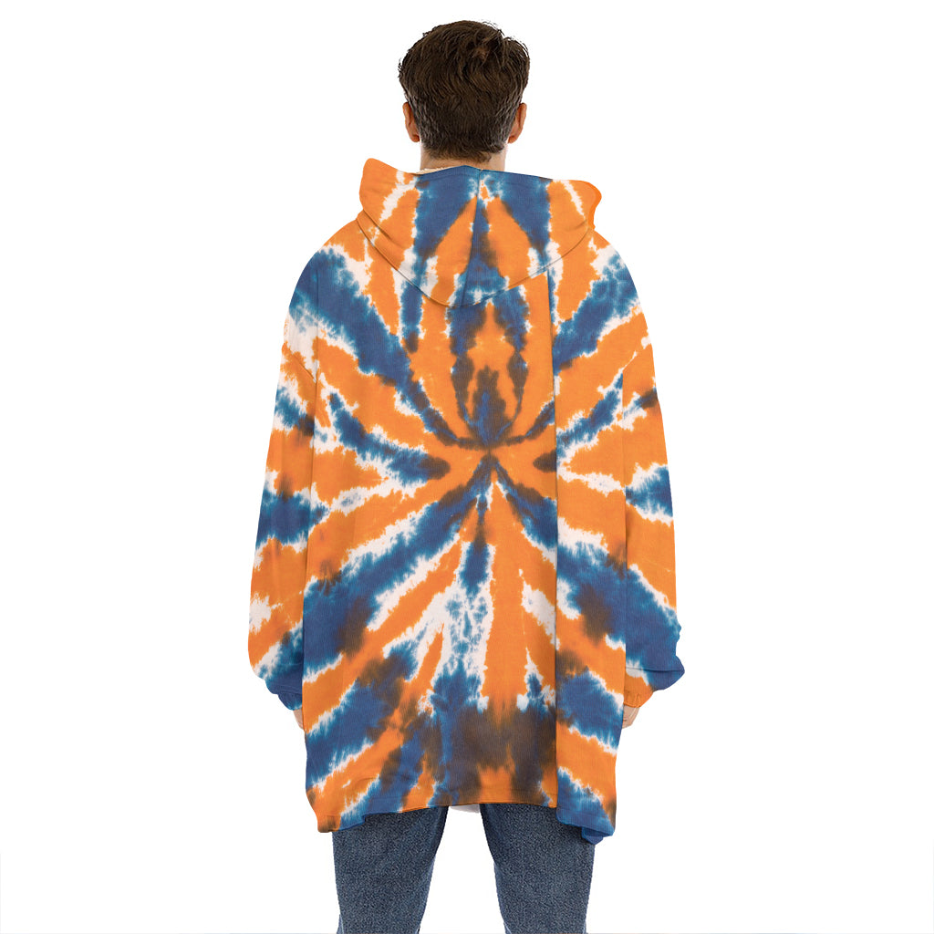 Blue And Orange Spider Tie Dye Print Hoodie Blanket