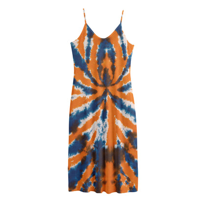 Blue And Orange Spider Tie Dye Print Jersey Midi Cami Dress