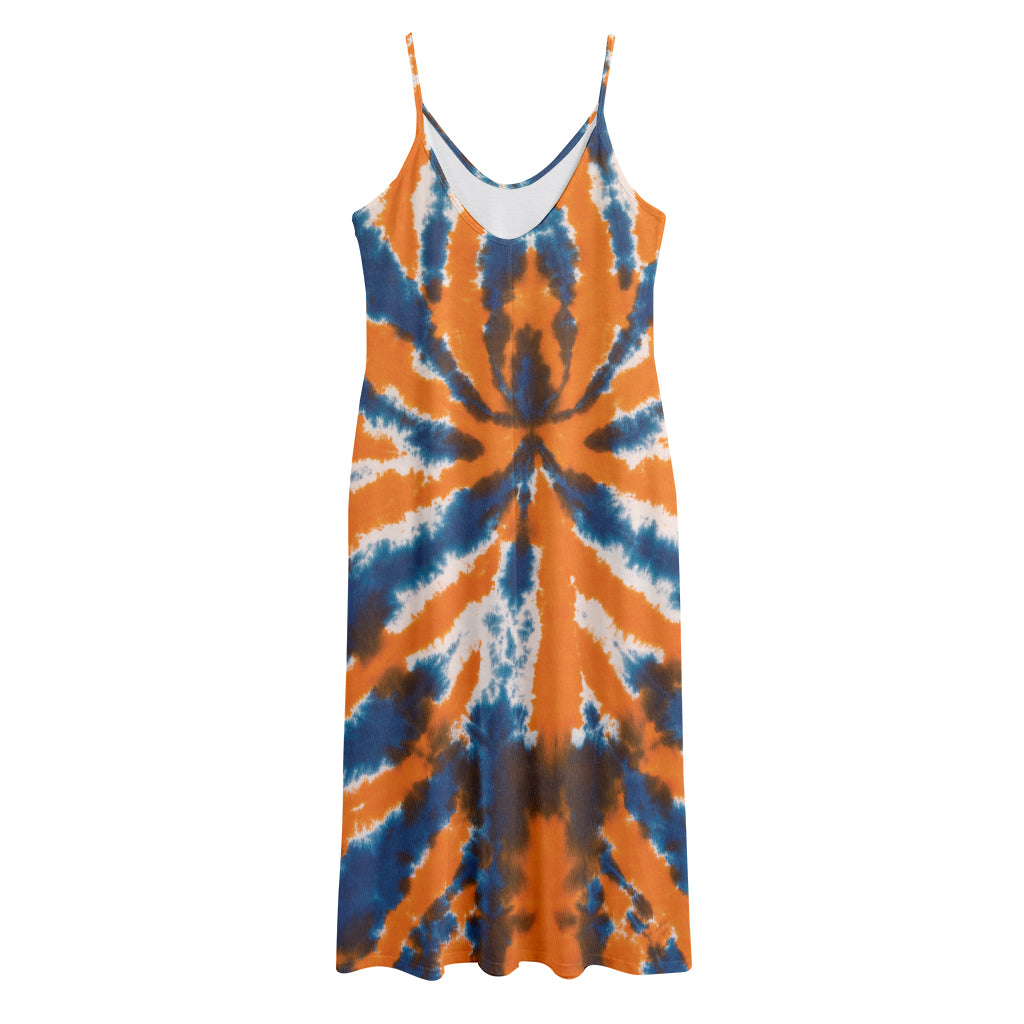 Blue And Orange Spider Tie Dye Print Jersey Midi Cami Dress