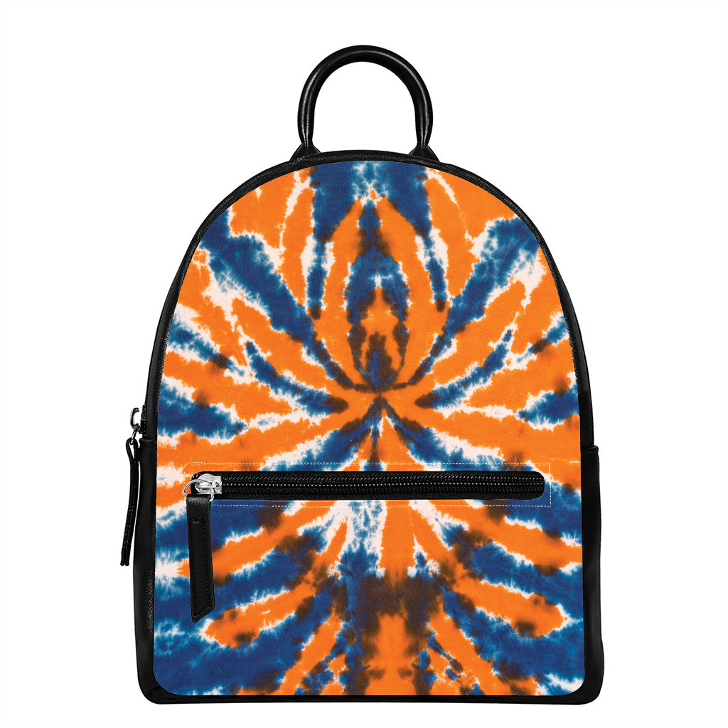 Blue And Orange Spider Tie Dye Print Leather Backpack