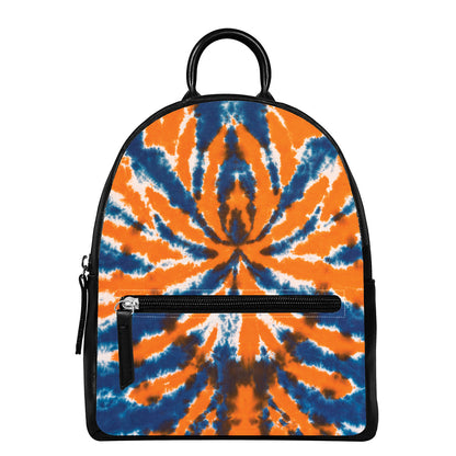 Blue And Orange Spider Tie Dye Print Leather Backpack