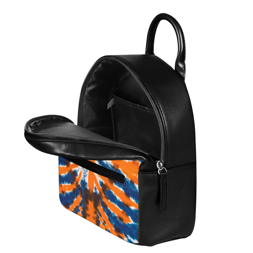 Blue And Orange Spider Tie Dye Print Leather Backpack