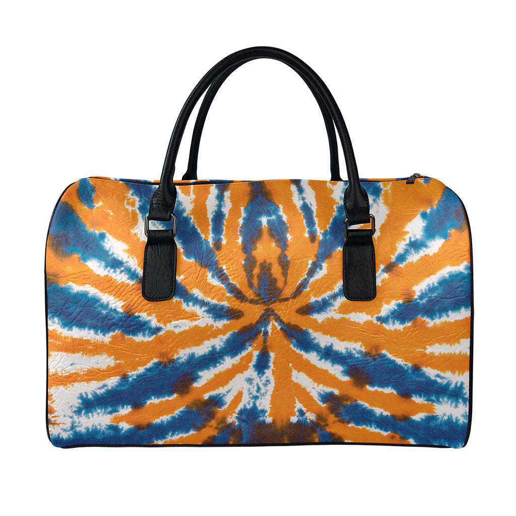 Blue And Orange Spider Tie Dye Print Leather Duffle Bag