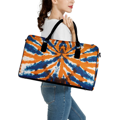 Blue And Orange Spider Tie Dye Print Leather Duffle Bag