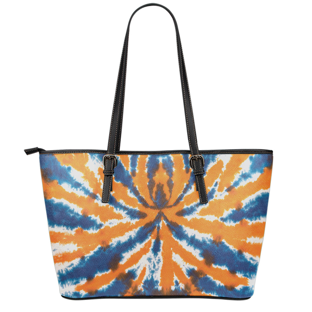 Blue And Orange Spider Tie Dye Print Leather Tote Bag