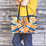 Blue And Orange Spider Tie Dye Print Leather Tote Bag