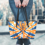 Blue And Orange Spider Tie Dye Print Leather Tote Bag