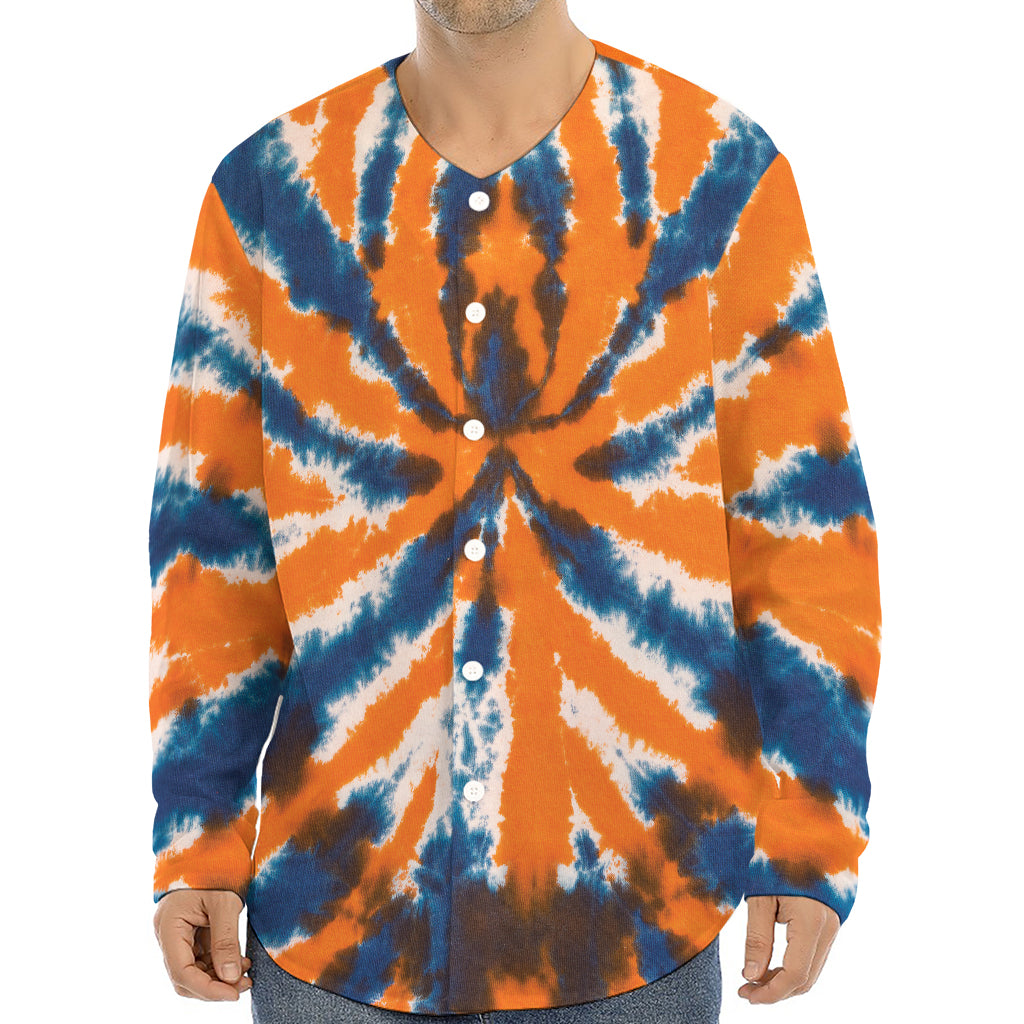 Blue And Orange Spider Tie Dye Print Long Sleeve Baseball Jersey