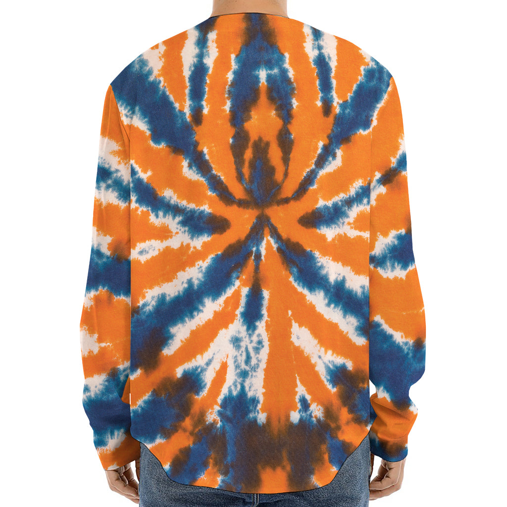 Blue And Orange Spider Tie Dye Print Long Sleeve Baseball Jersey