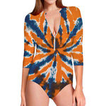 Blue And Orange Spider Tie Dye Print Long Sleeve Swimsuit