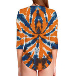 Blue And Orange Spider Tie Dye Print Long Sleeve Swimsuit