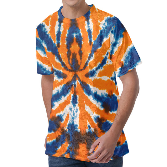 Blue And Orange Spider Tie Dye Print Men's Velvet T-Shirt