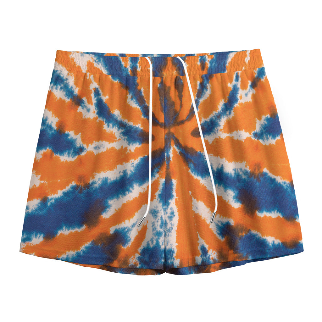 Blue And Orange Spider Tie Dye Print Mesh Shorts