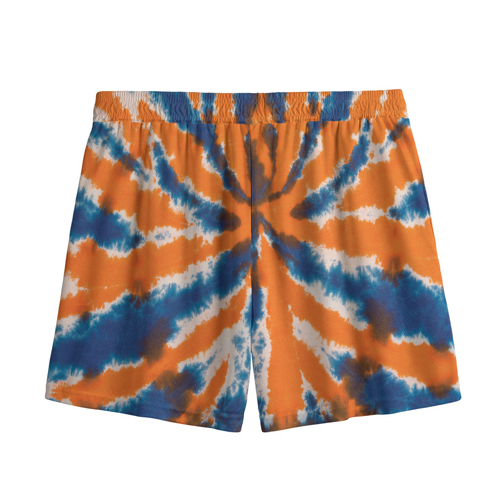 Blue And Orange Spider Tie Dye Print Mesh Shorts