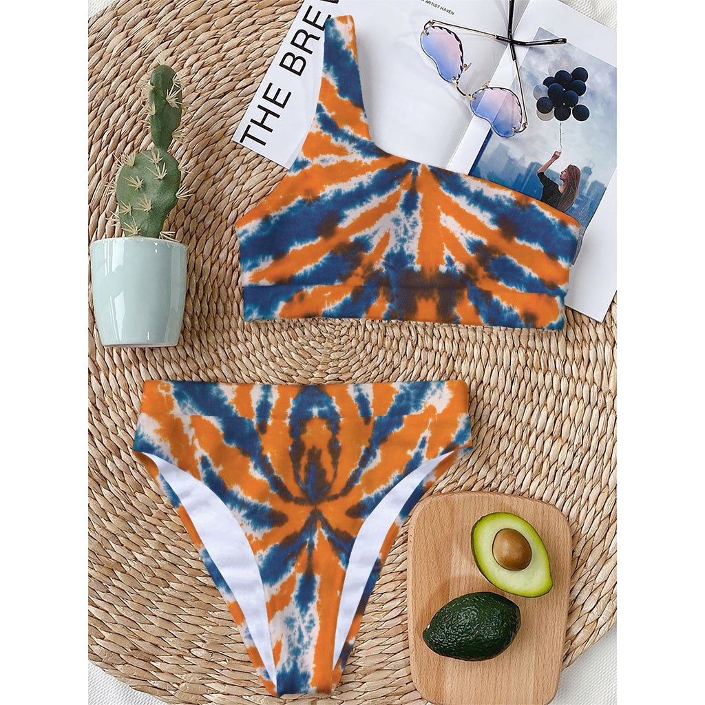 Blue And Orange Spider Tie Dye Print One Shoulder Bikini Top