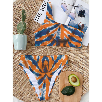 Blue And Orange Spider Tie Dye Print One Shoulder Bikini Top