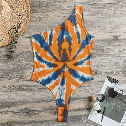 Blue And Orange Spider Tie Dye Print One Shoulder Bodysuit