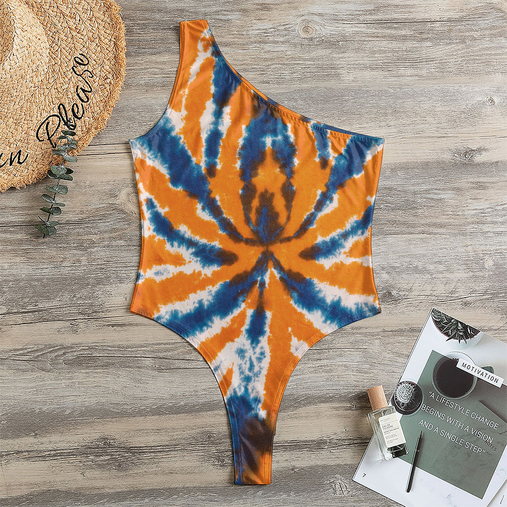 Blue And Orange Spider Tie Dye Print One Shoulder Bodysuit