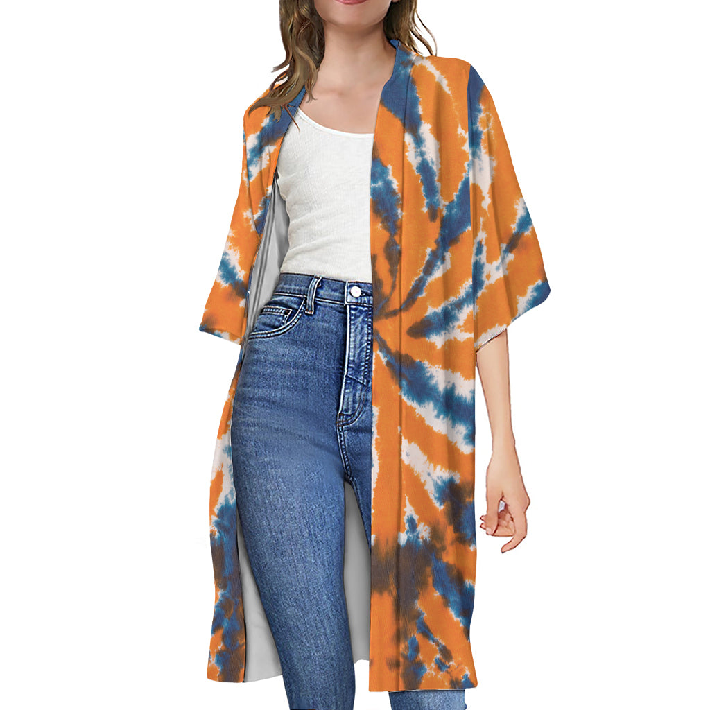 Blue And Orange Spider Tie Dye Print Open Front Beach Cover Up