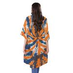 Blue And Orange Spider Tie Dye Print Open Front Beach Cover Up
