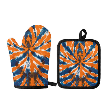 Blue And Orange Spider Tie Dye Print Oven Mitt And Pot Holder Set