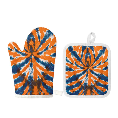Blue And Orange Spider Tie Dye Print Oven Mitt And Pot Holder Set