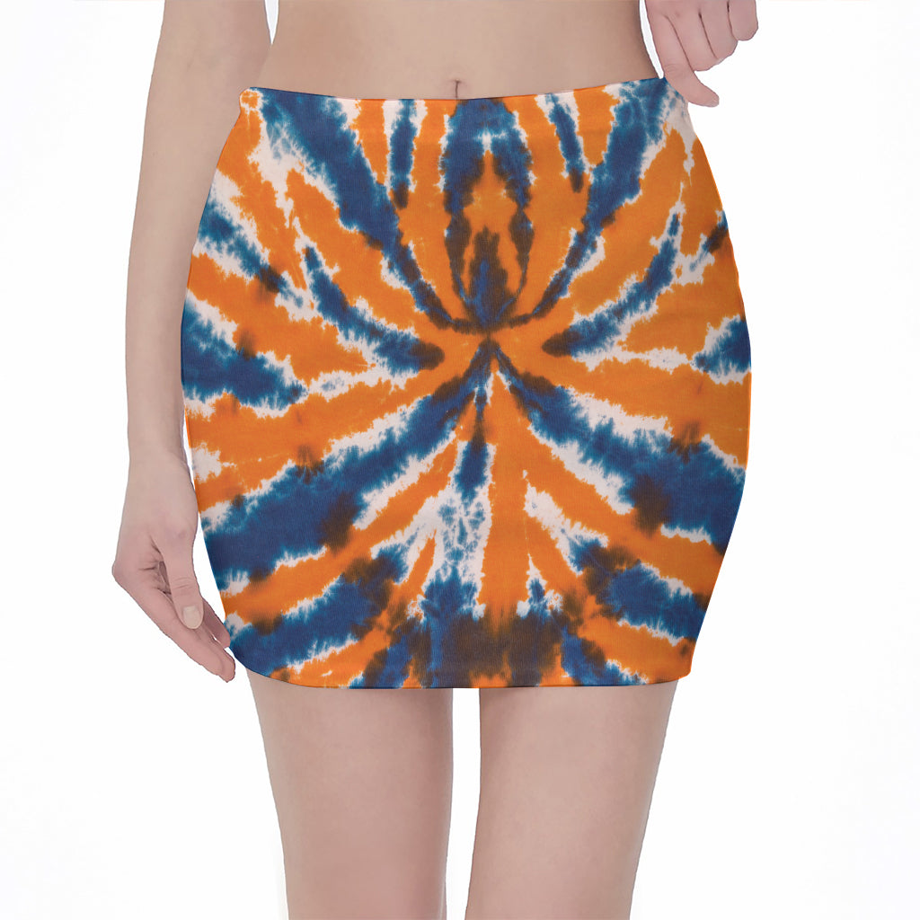 Blue And Orange Spider Tie Dye Print Pencil Mini Skirt