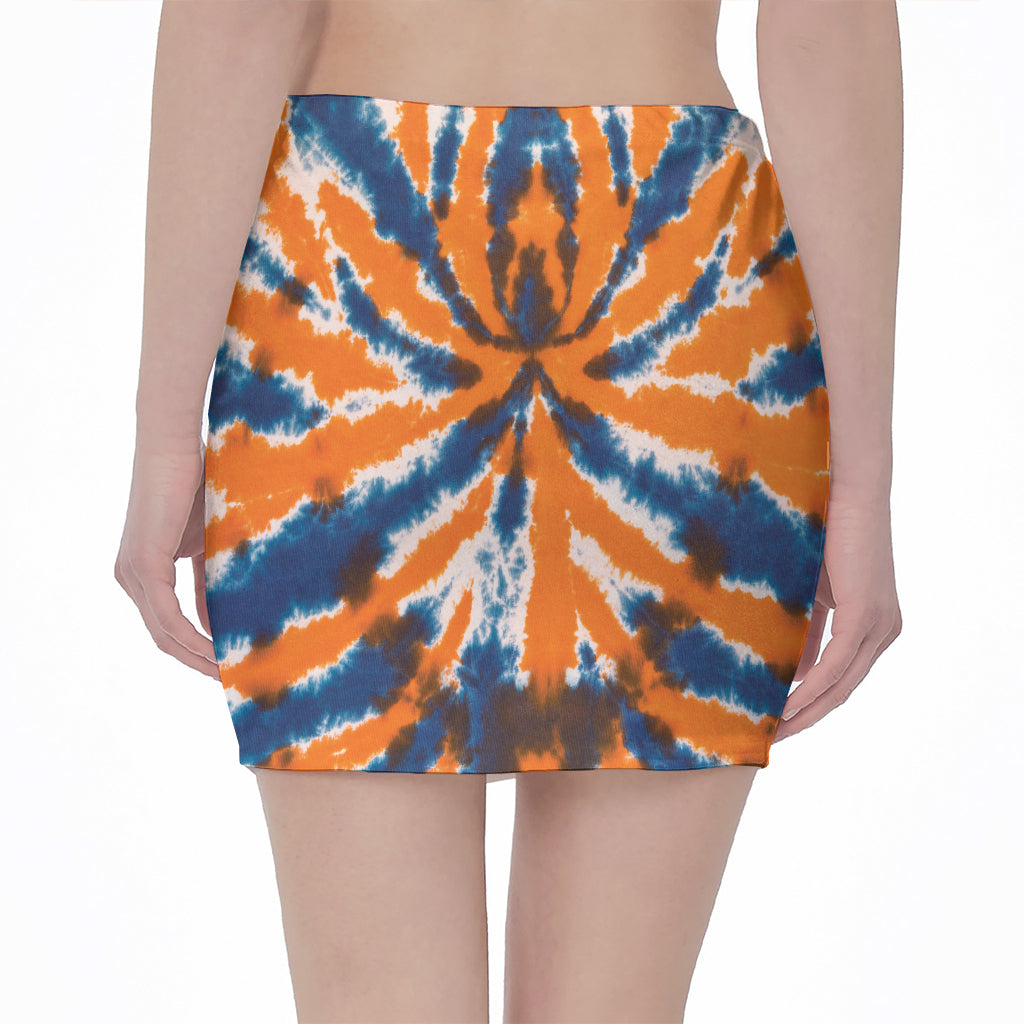 Blue And Orange Spider Tie Dye Print Pencil Mini Skirt
