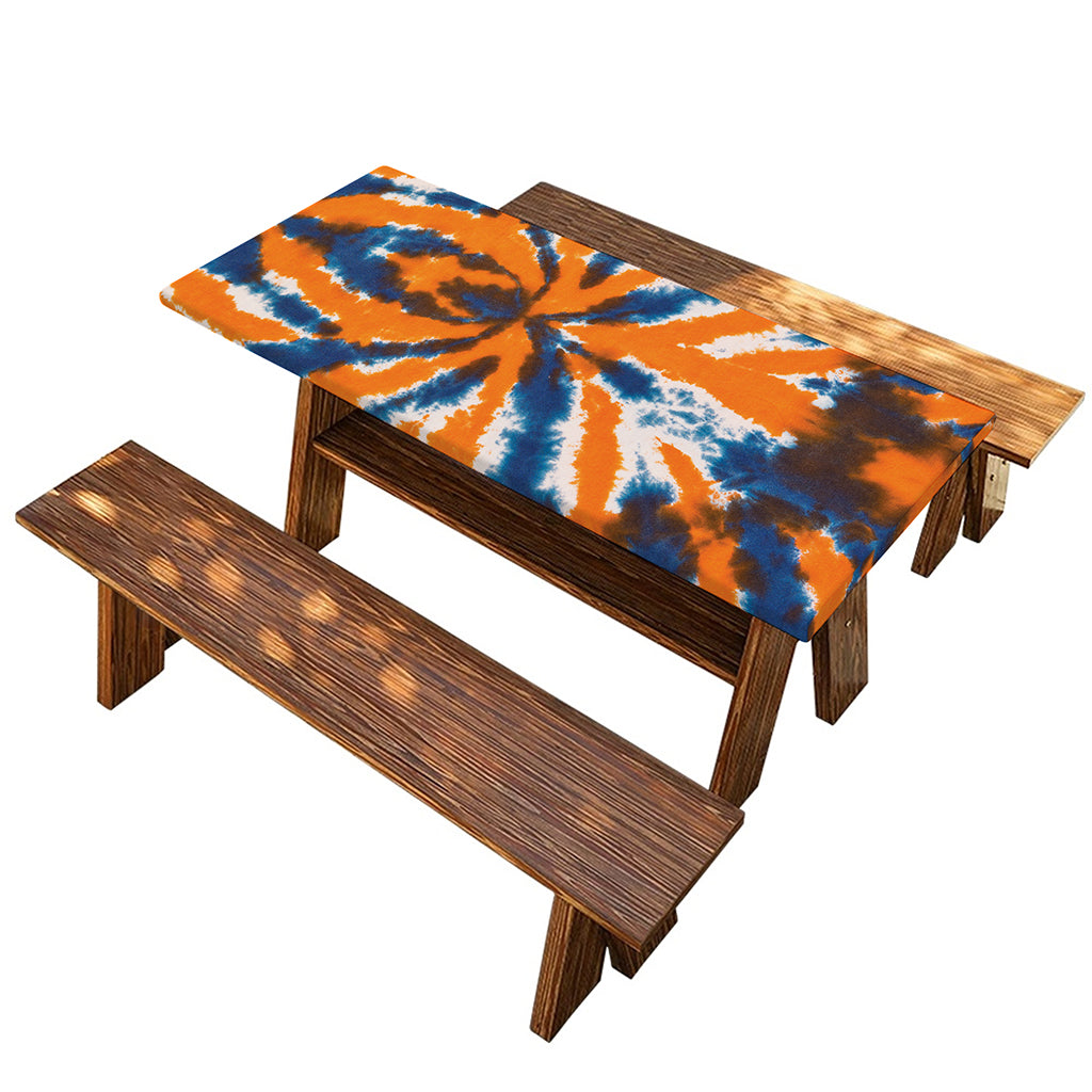 Blue And Orange Spider Tie Dye Print Picnic Table Cover